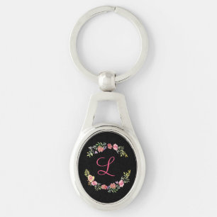 Monogram Rosa, Gul och Grön Blommig Akvarell Ovalt Silverfärgad Nyckelring