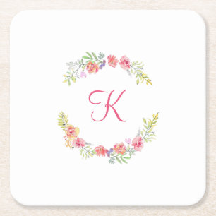 Monogram Rosa, Gul och Grön Blommig Akvarell Underlägg Papper Kvadrat