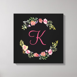Monogram rosa, gul och grön blomsterakvarell canvastryck