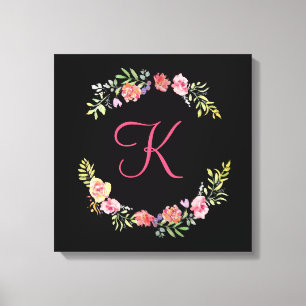 Monogram rosa, gul och grön blomsterakvarell canvastryck