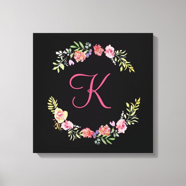 Monogram rosa, gul och grön blomsterakvarell canvastryck (Framsida)
