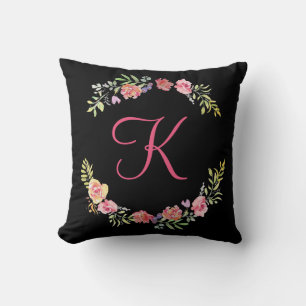 Monogram rosa, gul och grön blomsterakvarell kudde