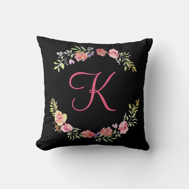 Monogram rosa, gul och grön blomsterakvarell kudde (Framsida)