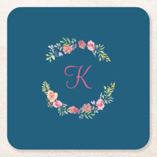 Monogram rosa, gul och grön blomsterakvarell underlägg papper kvadrat