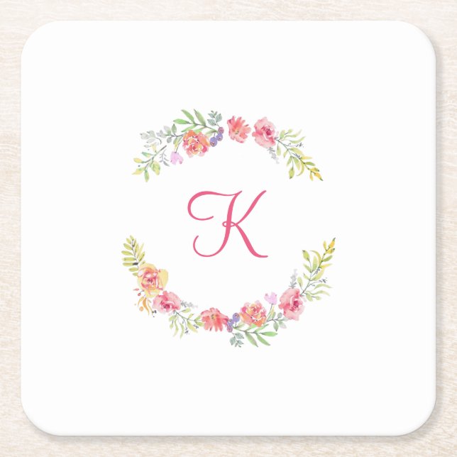 Monogram rosa, gul och grön blomsterakvarell  underlägg papper kvadrat (Framsidan)