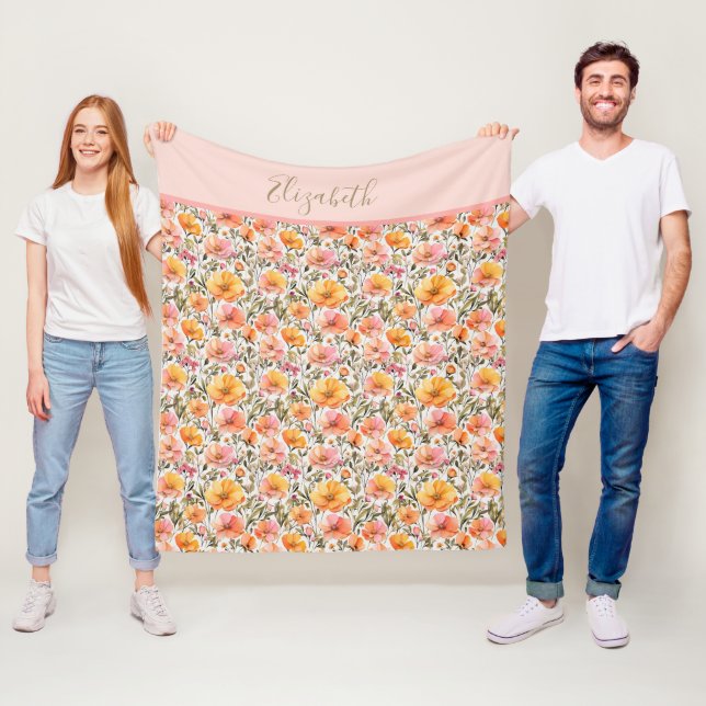 Monogram Rosa Gul Orange Vilda Blommor Present Fleecefilt (På plats)