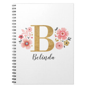 Monogram Rosa Guld Brev B Inledande Blommigt Anteckningsbok