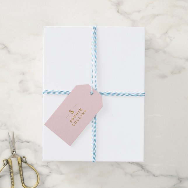 Monogram  Rosa Guld Minimalistisk Elegant Namn Presentetikett (With Twine)
