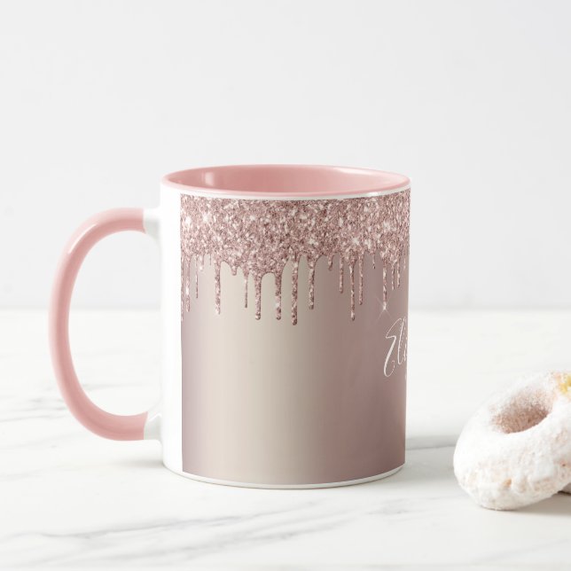 Monogram Rosa Guld Rosa Droppande Glitter Kaffe  Mugg (Med munk)