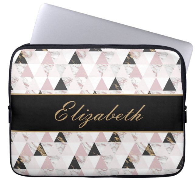 Monogram Rosa Guld Svart Vit Marmor Geometrisk  Laptop Fodral (Framsidan)