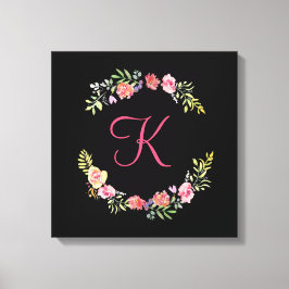 Monogram Rosa, Gult och Grönt Blommigt Vattenfärg Canvastryck