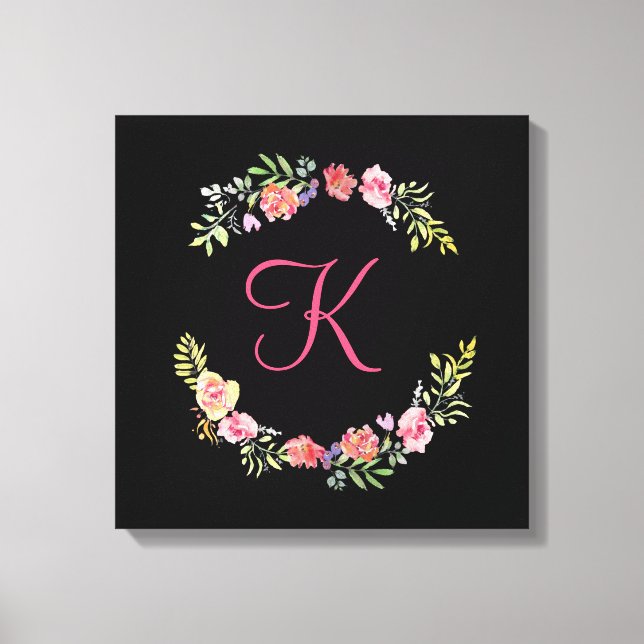 Monogram Rosa, Gult och Grönt Blommigt Vattenfärg Canvastryck (Framsida)