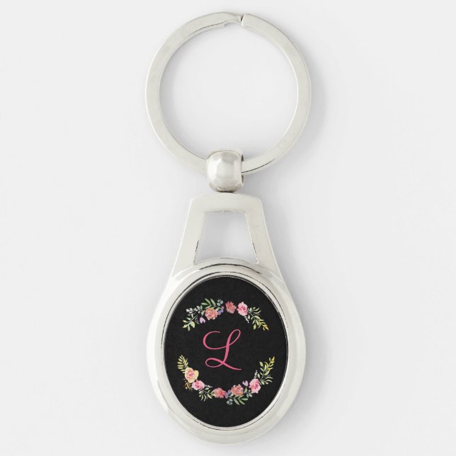 Monogram Rosa, Gult och Grönt Blommigt Vattenfärg Ovalt Silverfärgad Nyckelring (Framsidan)