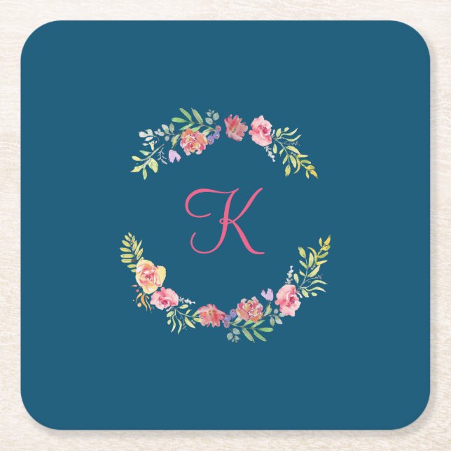 Monogram Rosa, Gult och Grönt Blommigt Vattenfärg Underlägg Papper Kvadrat (Framsidan)