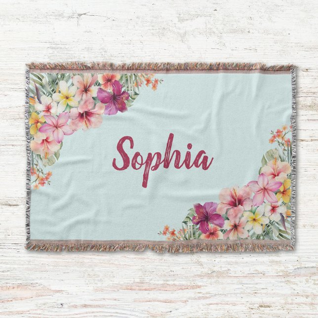 Monogram Rosa Hibiscus Flowers Tropical Blommigt Filt (Close up)