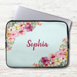 Monogram Rosa Hibiscus Flowers Tropical Blommigt Laptop Fodral
