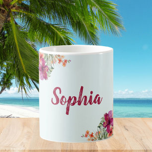 Monogram Rosa Hibiskus Blommor Tropisk Blomma  Kaffemugg