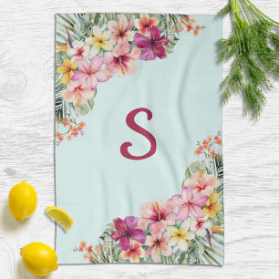 Monogram Rosa Hibiskus Blommor Tropisk Blomma Kökshandduk
