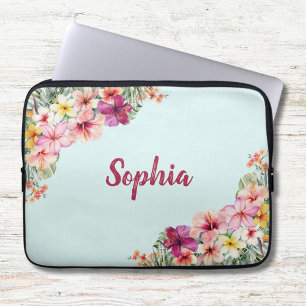 Monogram rosa hibiskusblommor tropisk blomsterprak laptop fodral