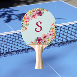 Monogram rosa hibiskusblommor tropisk blomsterprak pingisracket