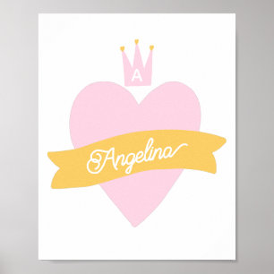 Monogram Rosa Hjärt Krona Namn Girly Prinsessa Poster