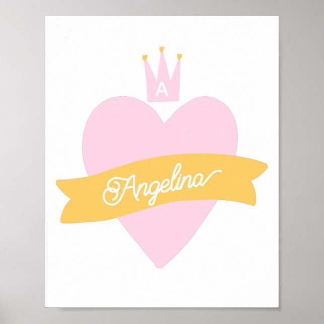 Monogram Rosa Hjärt Krona Namn Girly Prinsessa  Poster (Framsidan)