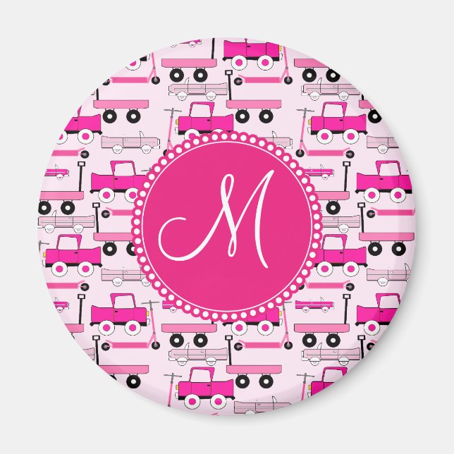 Monogram Rosa Hjul Cars Lastbilar Scooters Wagons Magnet (Framsidan)