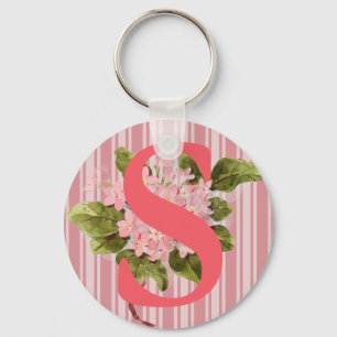 Monogram Rosa Hydrangea Blommor Ränder Girlig Nyckelring