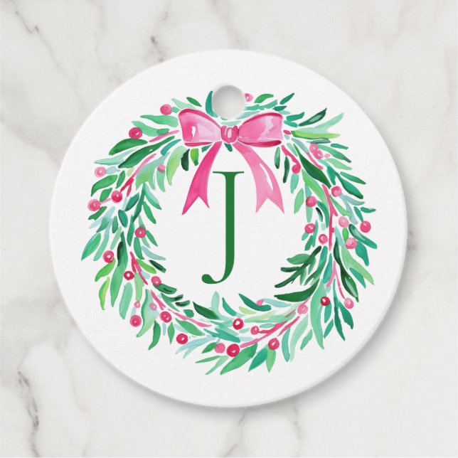Monogram Rosa jul - Märkre för utandning Gåvor Etiketter (Framsida)