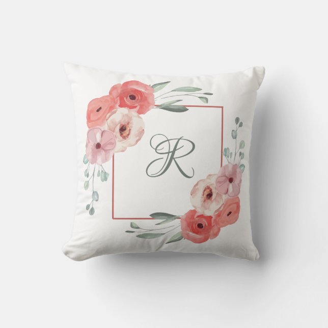 Monogram Rosa Korall och Vita Gröna Blommor Kudde (Framsida)