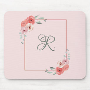 Monogram Rosa Korall och Vita Gröna Blommor  Musmatta