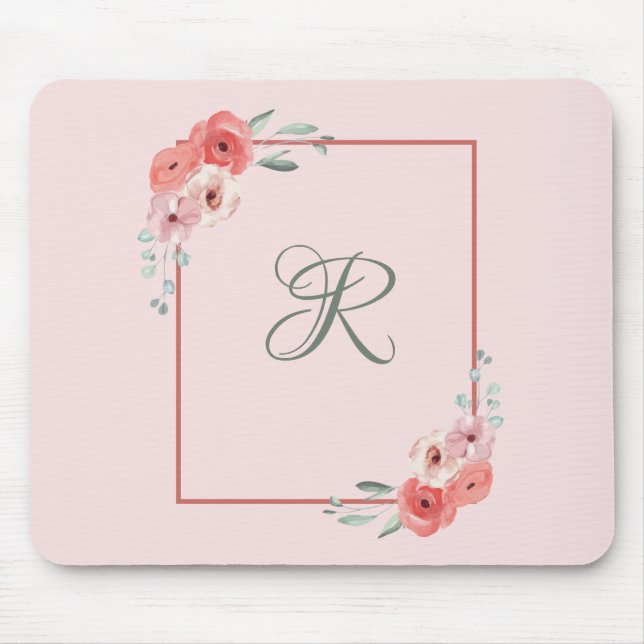 Monogram Rosa Korall och Vita Gröna Blommor  Musmatta (Framsidan)