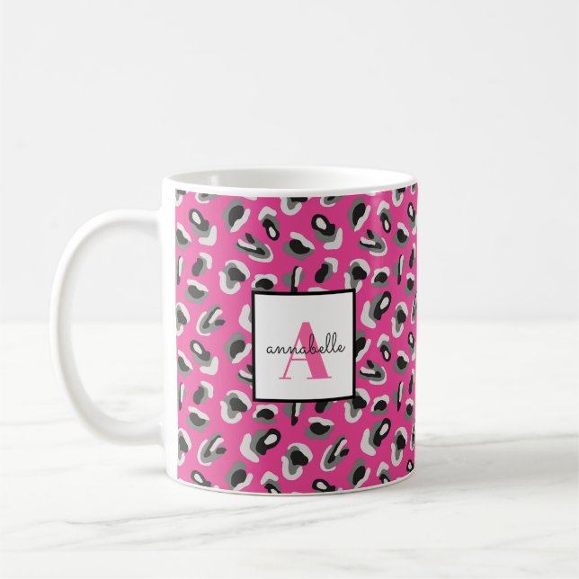 Monogram Rosa Leopardtryck Mönster Personlig Kaffemugg (Vänster)
