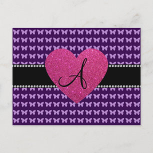 Monogram rosa lila butterflies vykort