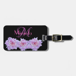 Monogram Rosa Lila Peonies Black Retro Bagagebricka