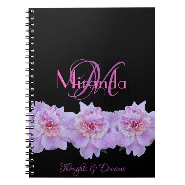 Monogram Rosa Lila Peonies Chic Retro Typografi Anteckningsbok (Framsidan)