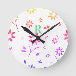 Monogram Rosa Lilac Gult Teal Watercolor Blommigt Rund Klocka