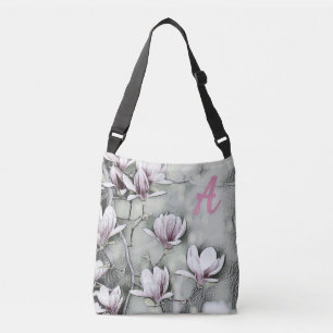 Monogram Rosa magnolia gren teckning grått svart Axelväska