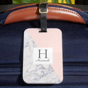 Monogram Rosa Marble Mönster Girly Personlig Bagagebricka