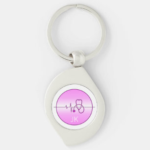Monogram rosa medicinsk stetoskop hjärtslag swirl silverfärgad nyckelring