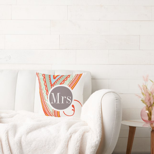 Monogram Rosa Mint Taupe Modern Mönster Pillow Kudde (Soffa)