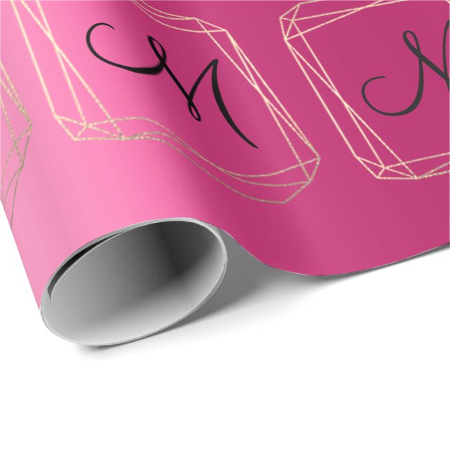 Monogram Rosa Möhippa Bröllop Guld Diamond Ram Presentpapper (Rullad Hörn)