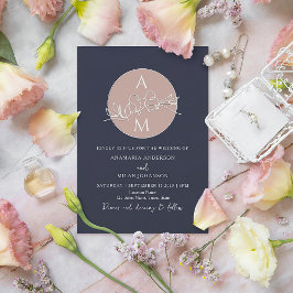 Monogram Rosa Navy Blue Bröllop Inbjudningar