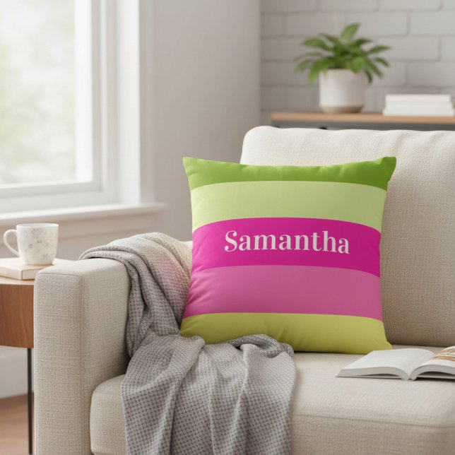 Monogram rosa och grön randig färgblock kudde (Skapare uppladdad)