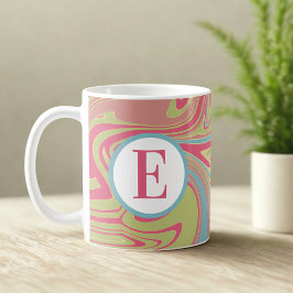 Monogram Rosa och Grönt Abstrakt Swirl Mugg