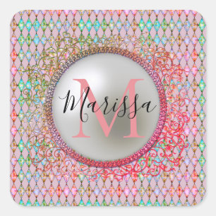 Monogram Rosa och Grönt Harlequin Fyrkantigt Klistermärke