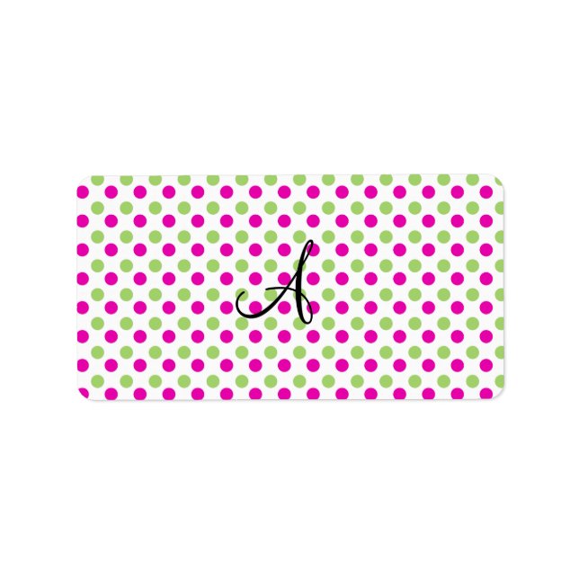 Monogram rosa och grönt polka dots adressetikett (Framsidan)