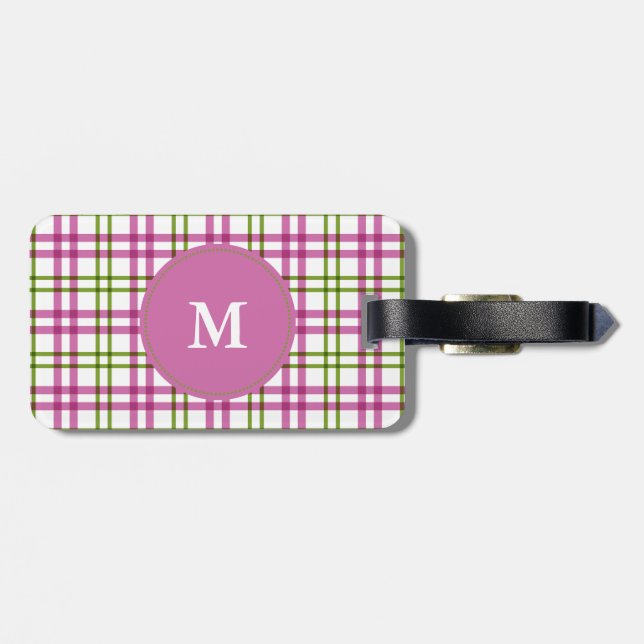 Monogram Rosa och Grönt Tartan Mönster Bagagebricka (Baksida Vågrät)