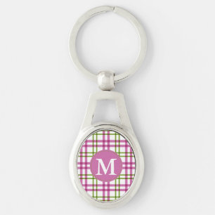 Monogram Rosa och Grönt Tartan Mönster Ovalt Silverfärgad Nyckelring