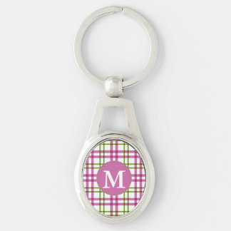 Monogram Rosa och Grönt Tartan Mönster Ovalt Silverfärgad Nyckelring